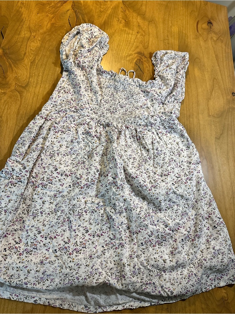 J.Crew Floral Puff Sleeve Smocked Mini Dress Ivory Purple Size 12 - Picture 10 of 11